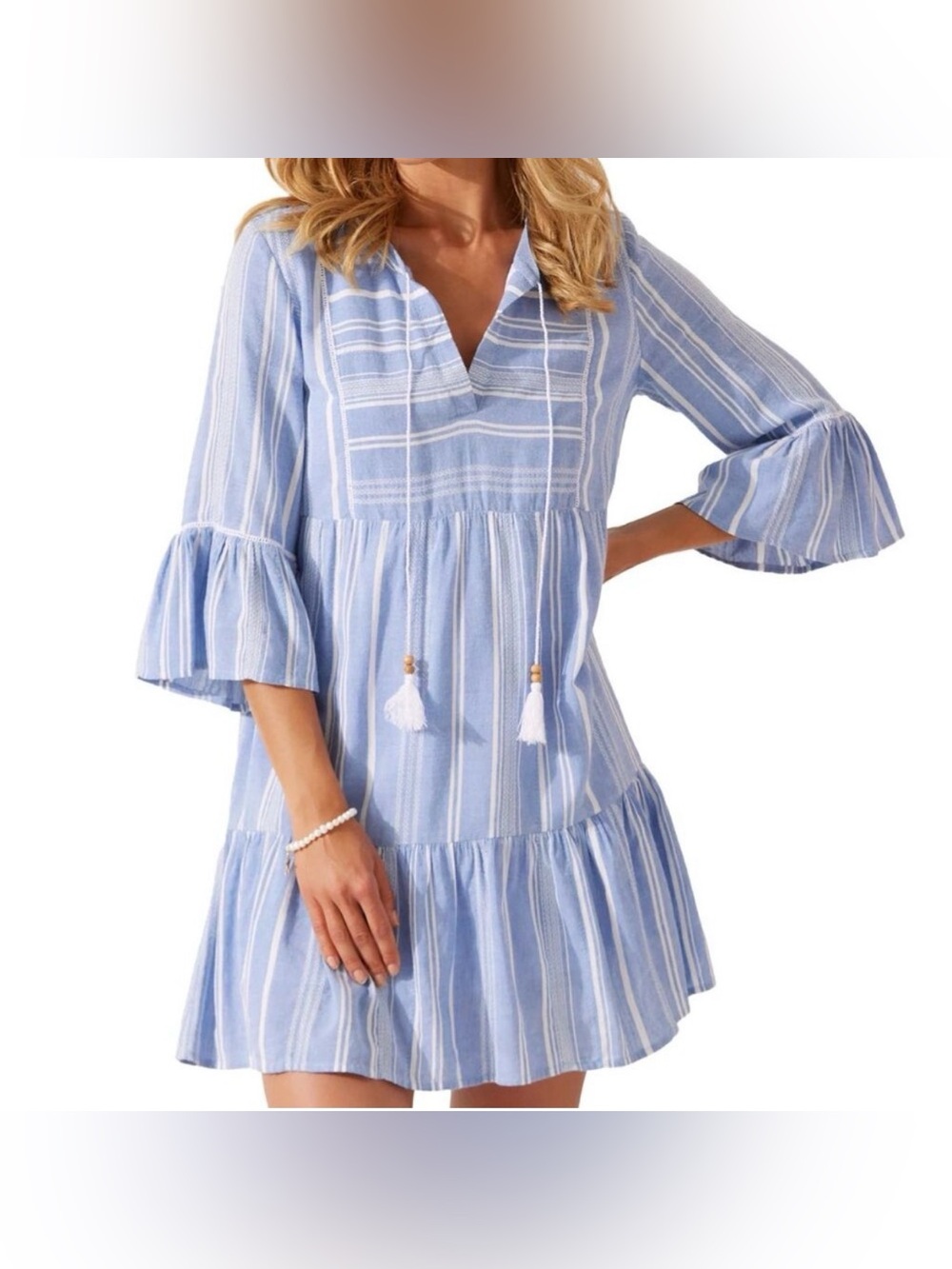 Tommy Bahama Just Beachy Striped Tiered Blue Dress Tassels Resort Wear Small New